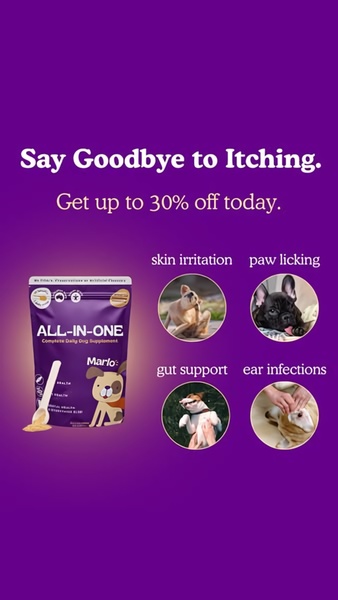 A vertical ad creative that identifies four specific pet discomfort symptoms and positions a supplement bag as the direct solution.